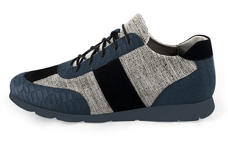 Denim blue, ash grey and matt black three-tone dress sneakers for men. Round toe. Flat rubber soles. Profile view - Florence KOOIJMAN